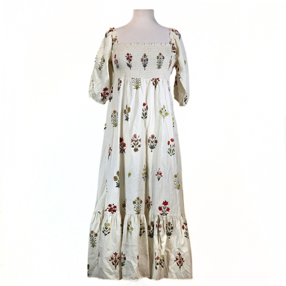 Sachin & Babi Maxi Dress Womens 6 Cottage White Floral Cotton Smocked Puff Babyd